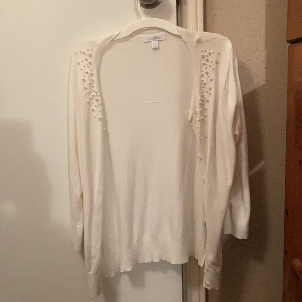 Roz & Ali Dress Barn White Faux Pearl Embellished Button Up Cardigan, Small